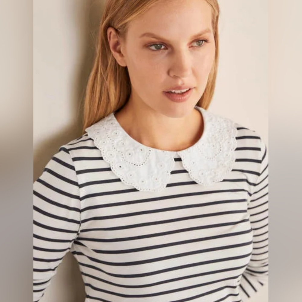 Boden NWT, navy and white striped top with lace collar